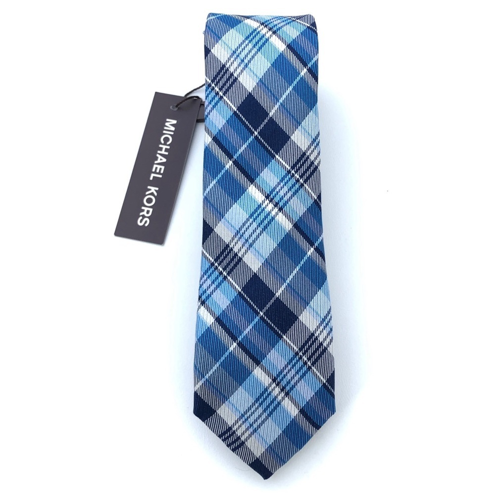 MICHAEL KORS Boys White Blue Plaid Slim 100% Silk Neck Tie